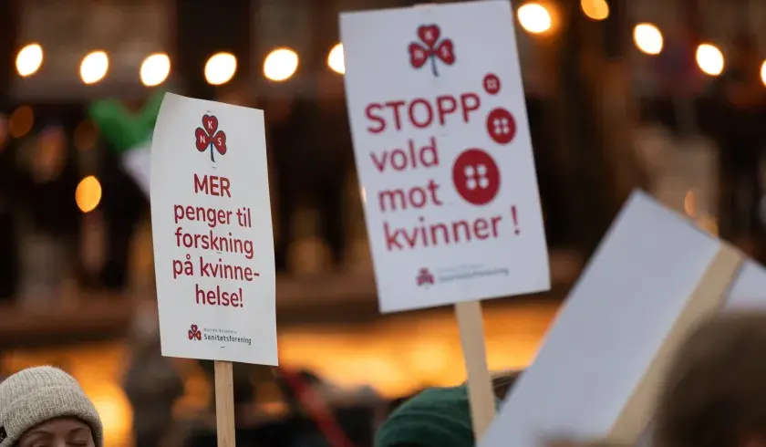 Plakater fra 8. mars tog med budskap om kvinnehelse og stopp vold