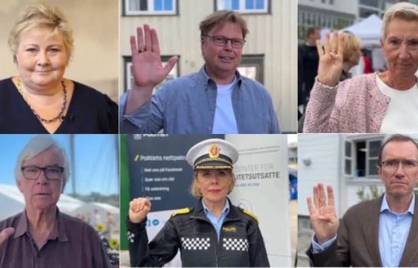 Collage politiker og kjente fjes som viser h&aring;ndsignal Jeg tenger hjelp