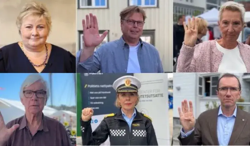 Collage politiker og kjente fjes som viser håndsignal Jeg tenger hjelp