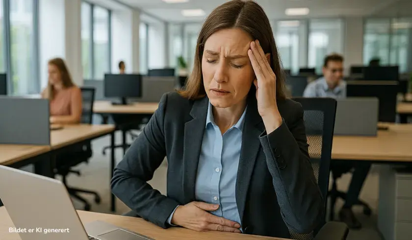 Voksen kvinne med smerter p&aring; arbeidsplass