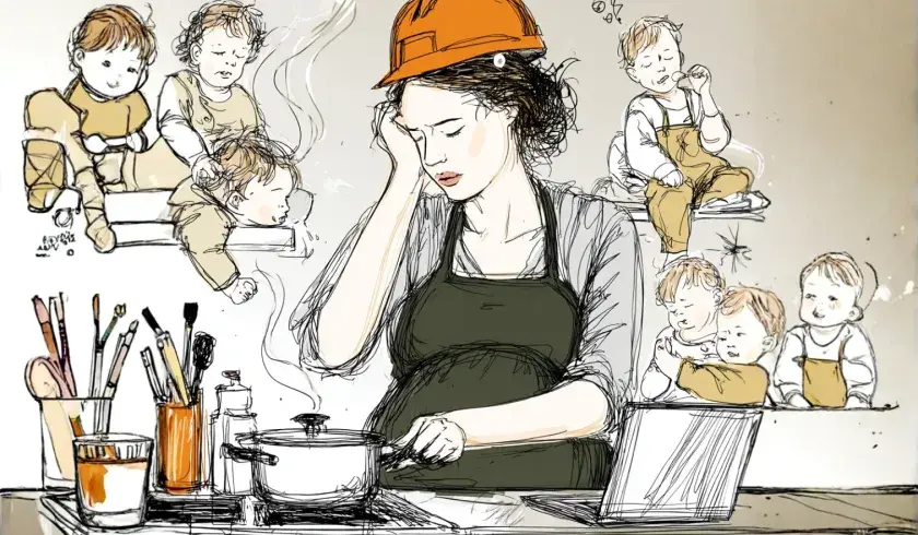 Illustrasjon av en sliten gravid kvinne med sm&aring;barn rundt seg