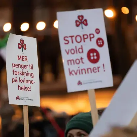 Plakater fra 8. mars tog med budskap om kvinnehelse og stopp vold