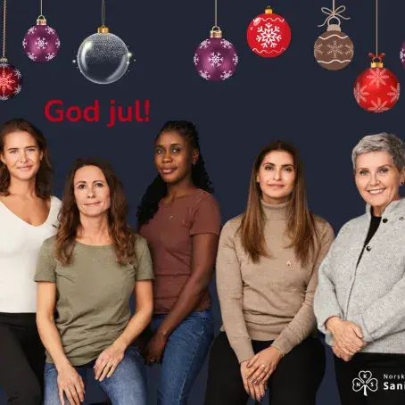 Takkekort for julegave med fem damer og julekuler